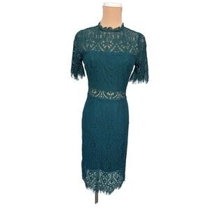 Lulus Lace Midi Dress XS – Teal Green, Short Sleeve, Wedding Guest